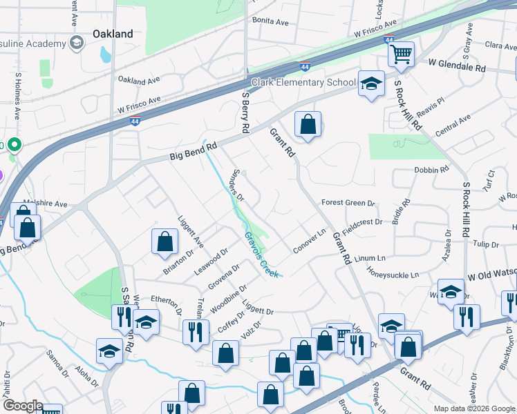 map of restaurants, bars, coffee shops, grocery stores, and more near 980 Curwood Drive in St. Louis