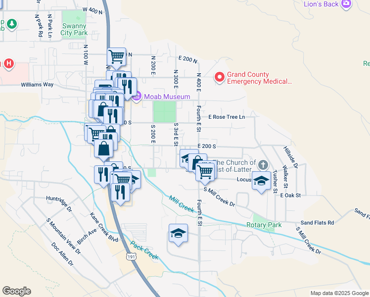 map of restaurants, bars, coffee shops, grocery stores, and more near 346 East 200 South in Moab