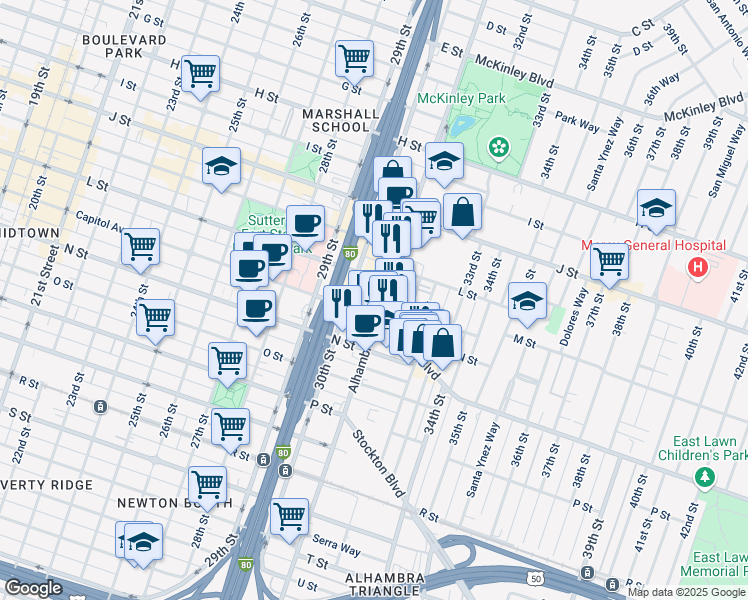 map of restaurants, bars, coffee shops, grocery stores, and more near 3075 Capitol Avenue in Sacramento