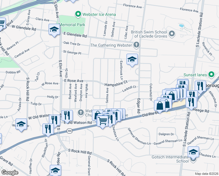 map of restaurants, bars, coffee shops, grocery stores, and more near 1308 Selma Avenue in Webster Groves