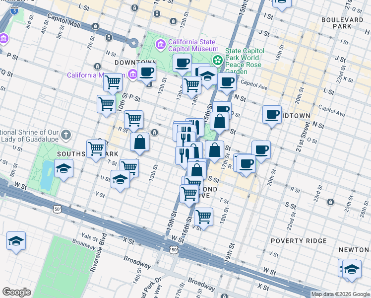 map of restaurants, bars, coffee shops, grocery stores, and more near 1800 15th Street in Sacramento