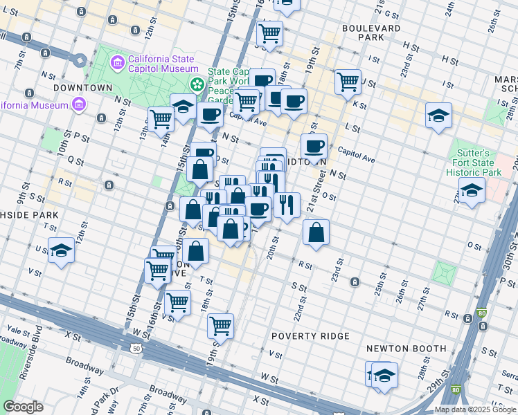 map of restaurants, bars, coffee shops, grocery stores, and more near 1831 Q Street in Sacramento