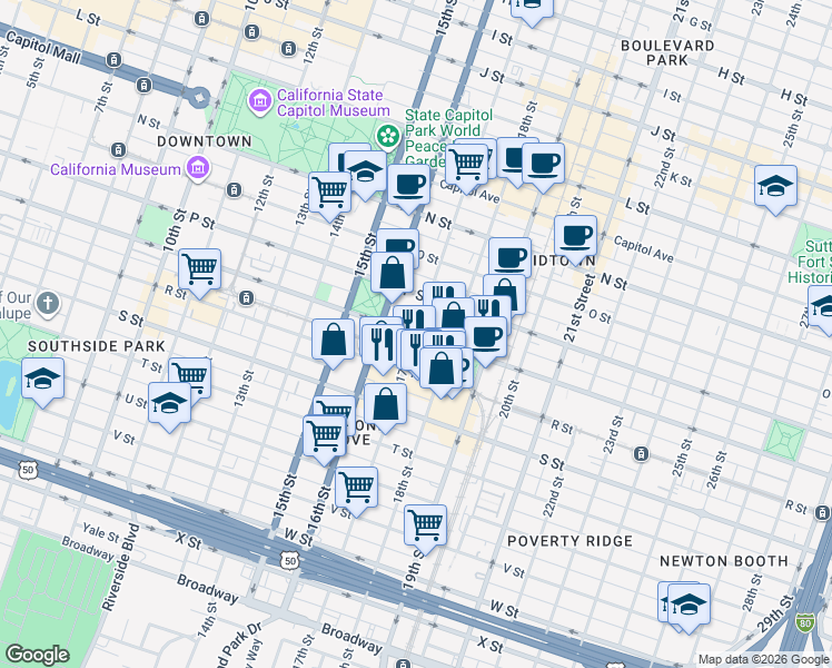 map of restaurants, bars, coffee shops, grocery stores, and more near Q Street & 17th Street in Sacramento