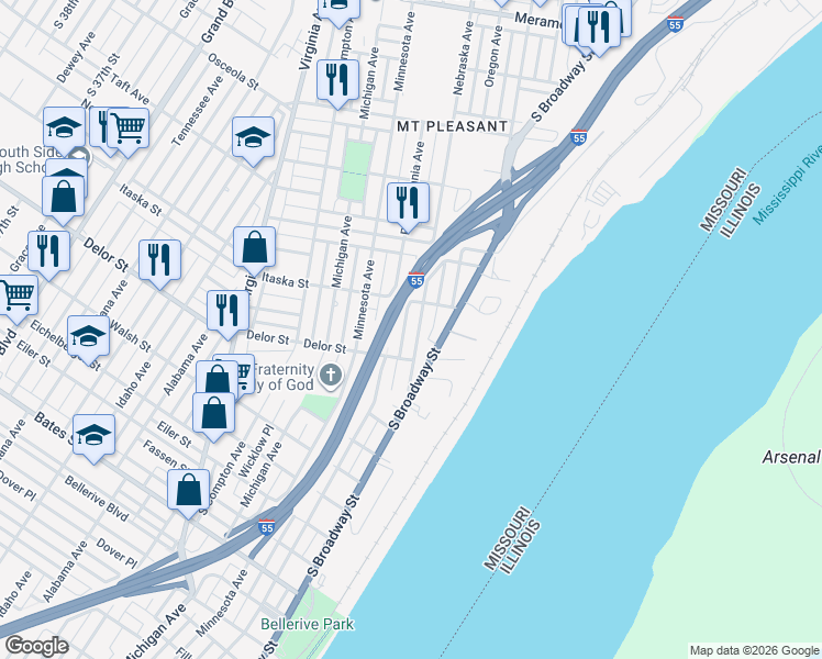 map of restaurants, bars, coffee shops, grocery stores, and more near 4751 South Broadway in St. Louis