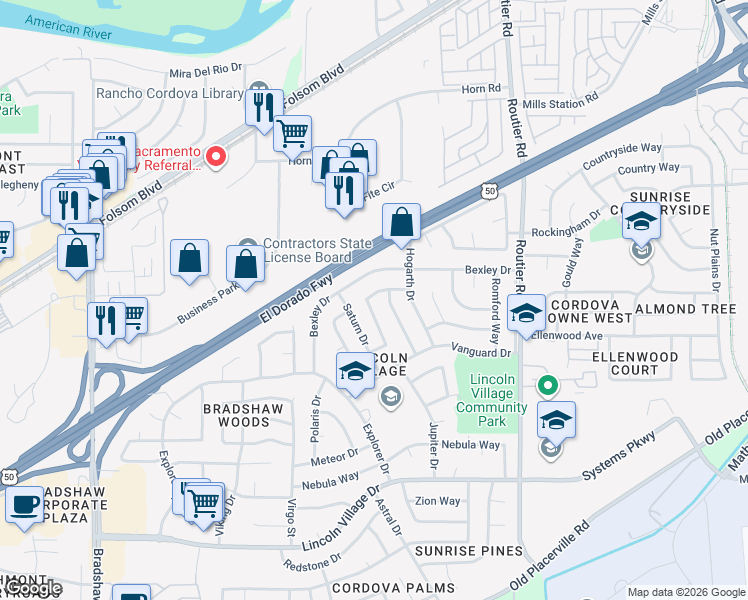 map of restaurants, bars, coffee shops, grocery stores, and more near 3345 Corbin Way in Sacramento