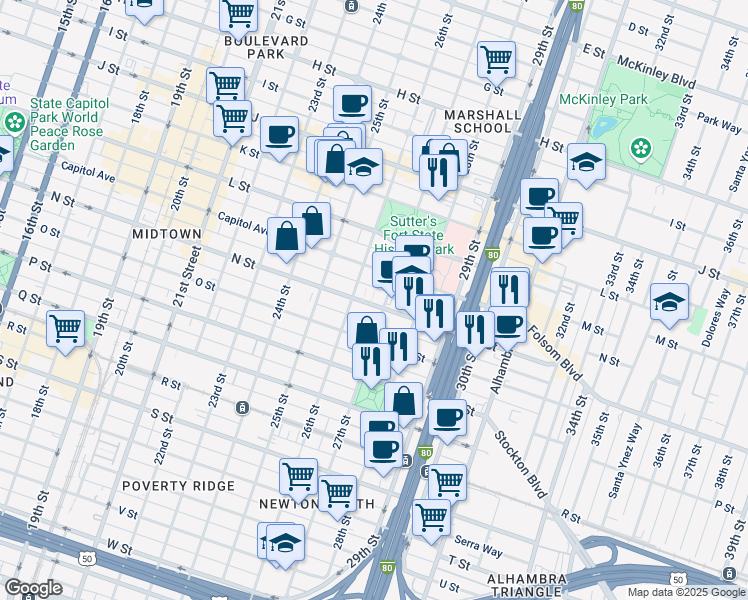 map of restaurants, bars, coffee shops, grocery stores, and more near 2620 N Street in Sacramento