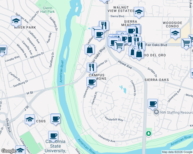 map of restaurants, bars, coffee shops, grocery stores, and more near University Ave & Campus Commons Rd in Sacramento