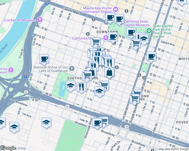 map of restaurants, bars, coffee shops, grocery stores, and more near 1916 11th Street in Sacramento