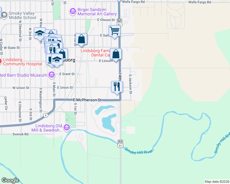 map of restaurants, bars, coffee shops, grocery stores, and more near 300 South Cole Street in Lindsborg