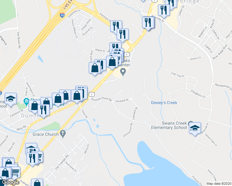 map of restaurants, bars, coffee shops, grocery stores, and more near 17624 Overlook Road in Dumfries
