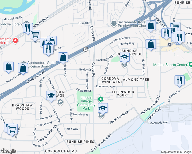 map of restaurants, bars, coffee shops, grocery stores, and more near 10123 Crawford Way in Sacramento