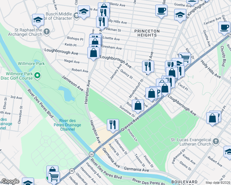 map of restaurants, bars, coffee shops, grocery stores, and more near 5305 Robert Avenue in St. Louis