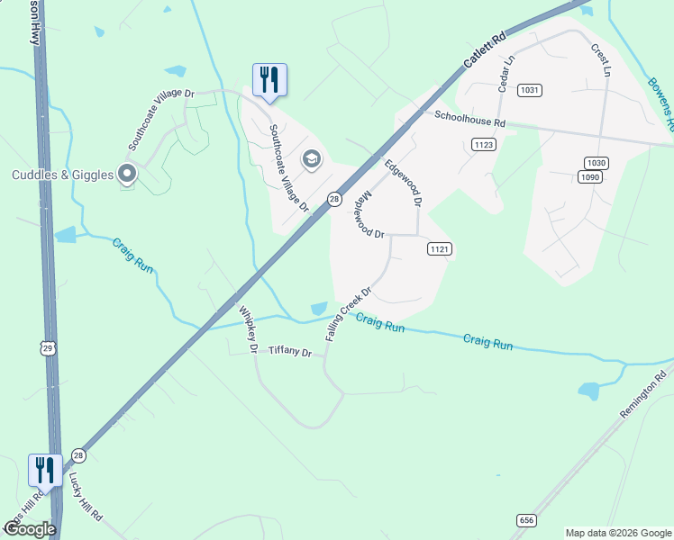 map of restaurants, bars, coffee shops, grocery stores, and more near 6717 Catlett Road in Bealeton