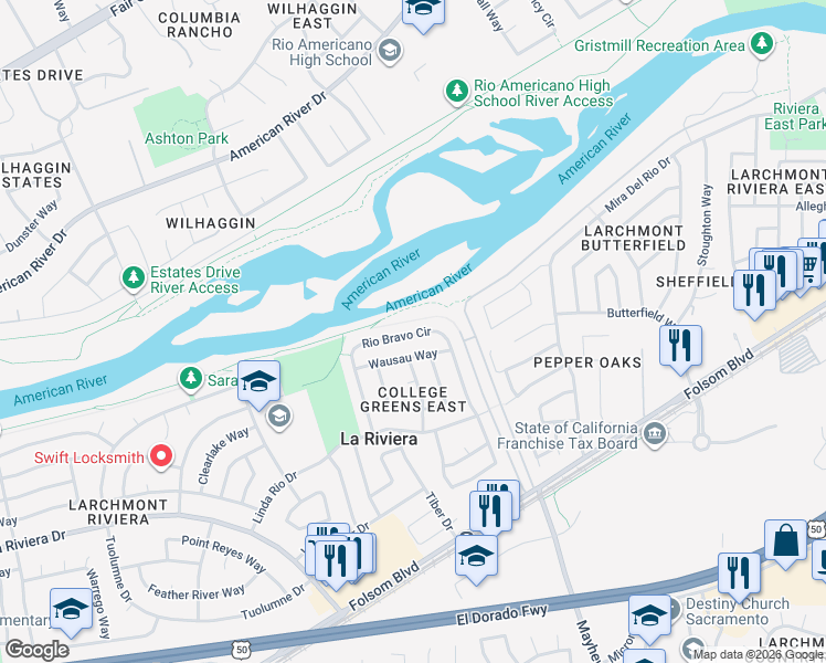 map of restaurants, bars, coffee shops, grocery stores, and more near 9233 Wausau Way in Sacramento
