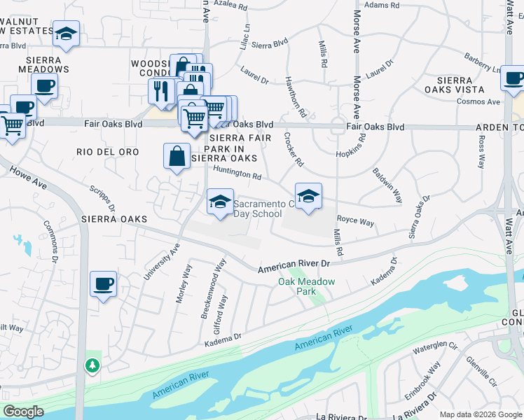 map of restaurants, bars, coffee shops, grocery stores, and more near 2708 Latham Drive in Sacramento