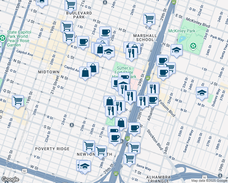 map of restaurants, bars, coffee shops, grocery stores, and more near 2620 N Street in Sacramento