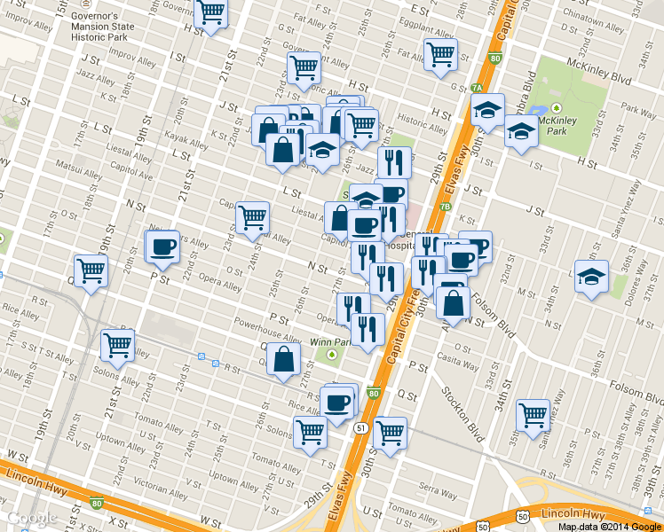 map of restaurants, bars, coffee shops, grocery stores, and more near 2620 N Street in Sacramento