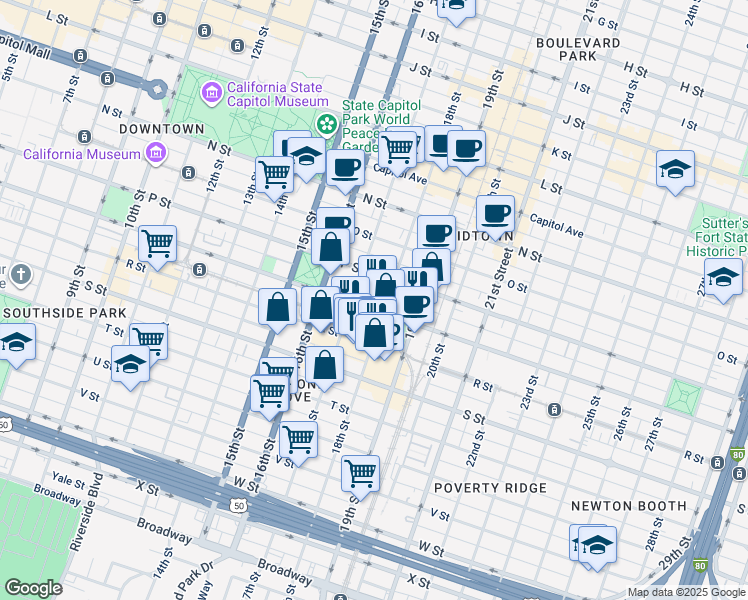 map of restaurants, bars, coffee shops, grocery stores, and more near 1720 Q Street in Sacramento