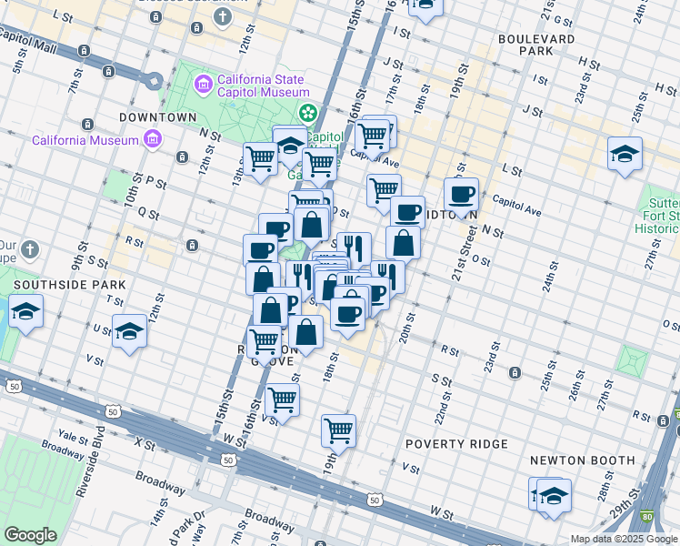map of restaurants, bars, coffee shops, grocery stores, and more near 1720 Q Street in Sacramento