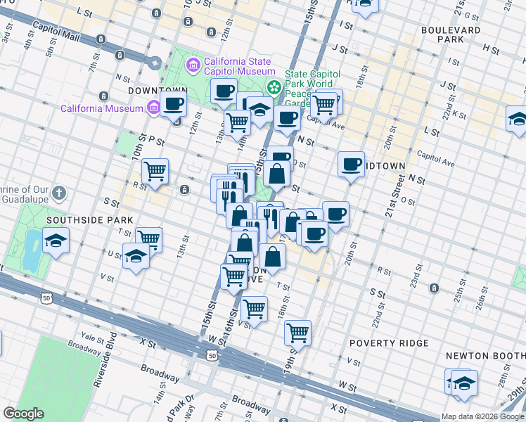 map of restaurants, bars, coffee shops, grocery stores, and more near 1533 R Street in Sacramento