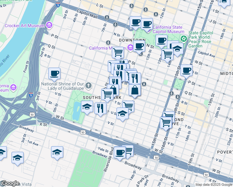 map of restaurants, bars, coffee shops, grocery stores, and more near 1916 11th Street in Sacramento