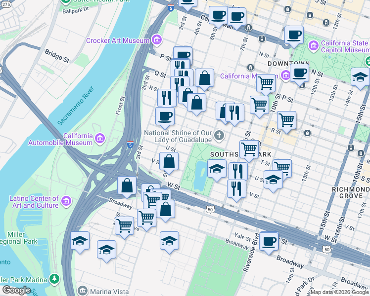 map of restaurants, bars, coffee shops, grocery stores, and more near 2104 6th Street in Sacramento