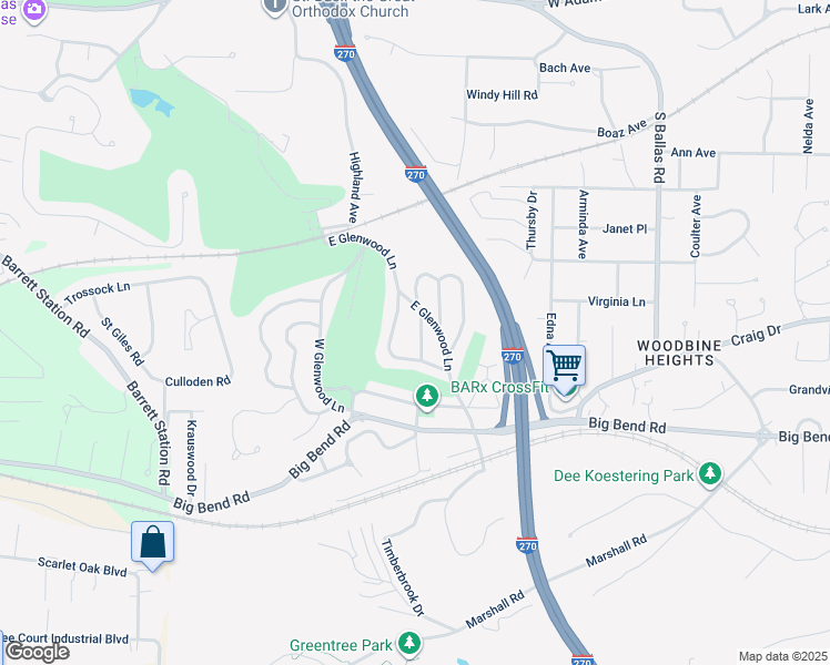 map of restaurants, bars, coffee shops, grocery stores, and more near 23 Barberry Lane in Kirkwood