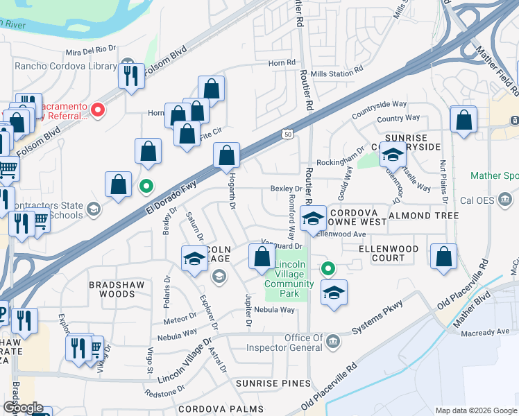 map of restaurants, bars, coffee shops, grocery stores, and more near 3328 Cahill Court in Sacramento