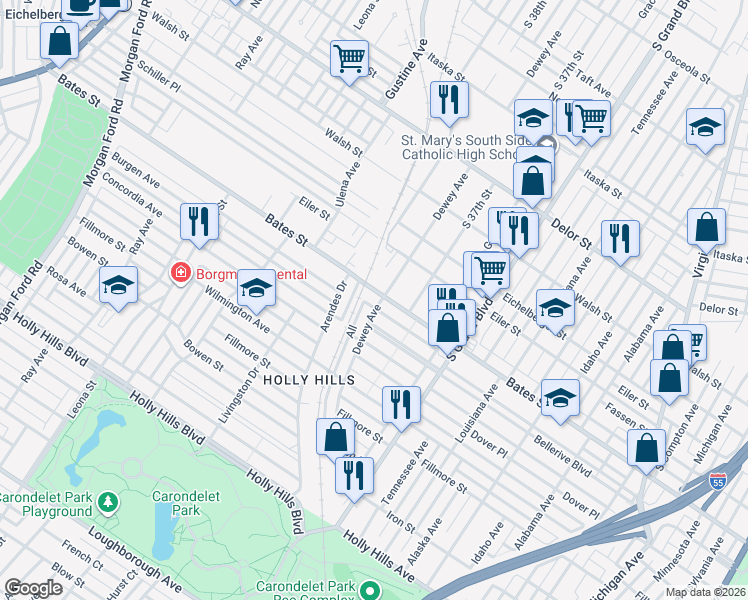 map of restaurants, bars, coffee shops, grocery stores, and more near 5601 Dewey Avenue in St. Louis