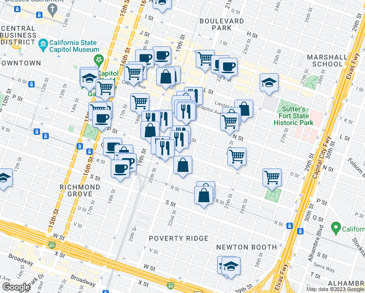 map of restaurants, bars, coffee shops, grocery stores, and more near in Sacramento
