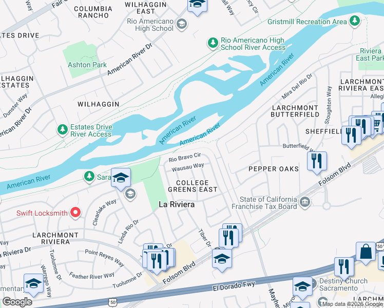 map of restaurants, bars, coffee shops, grocery stores, and more near 9233 Wausau Way in Sacramento
