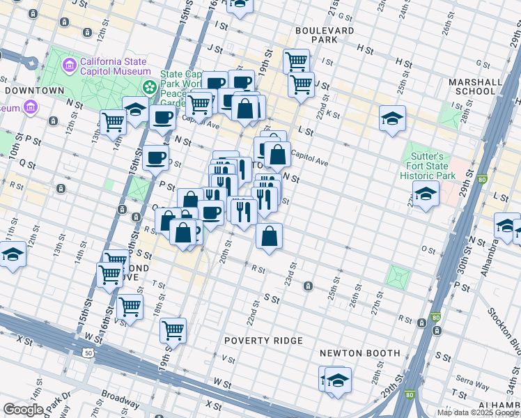 map of restaurants, bars, coffee shops, grocery stores, and more near 2026 P Street in Sacramento