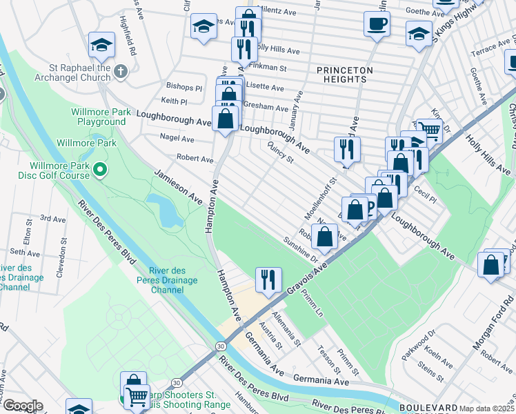map of restaurants, bars, coffee shops, grocery stores, and more near 5301 Sunshine Drive in St. Louis