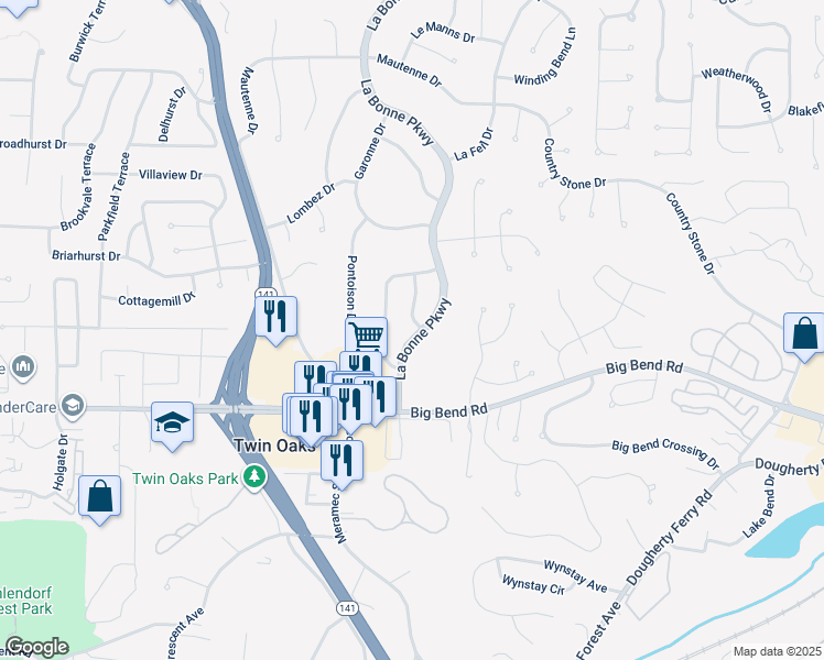 map of restaurants, bars, coffee shops, grocery stores, and more near 931 La Bonne Parkway in Ballwin