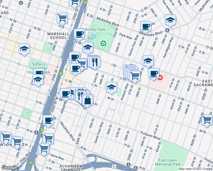 map of restaurants, bars, coffee shops, grocery stores, and more near 3462 L Street in Sacramento