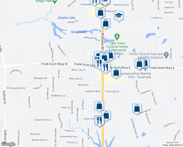 map of restaurants, bars, coffee shops, grocery stores, and more near 37 Blanc-Lee Drive in Belleville