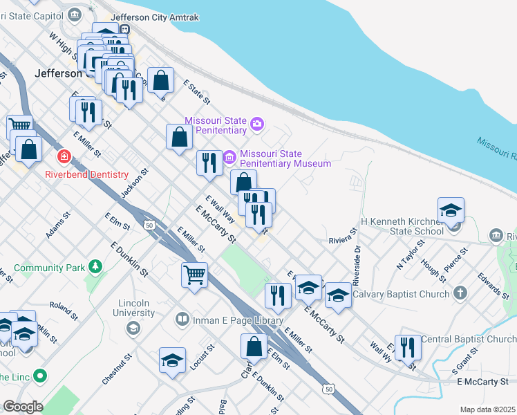 map of restaurants, bars, coffee shops, grocery stores, and more near 216 Chestnut Street in Jefferson City