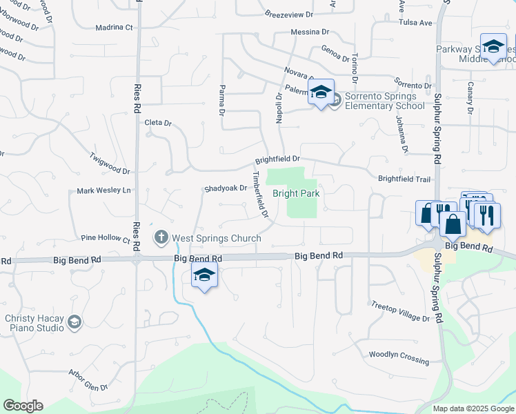 map of restaurants, bars, coffee shops, grocery stores, and more near 1019 Timberfield Drive in Ballwin