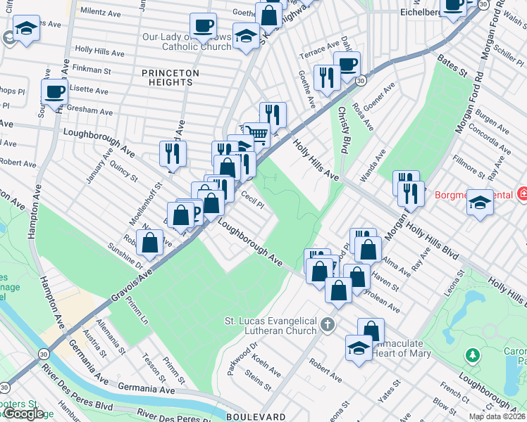 map of restaurants, bars, coffee shops, grocery stores, and more near 6826 Salzburger Avenue in St. Louis