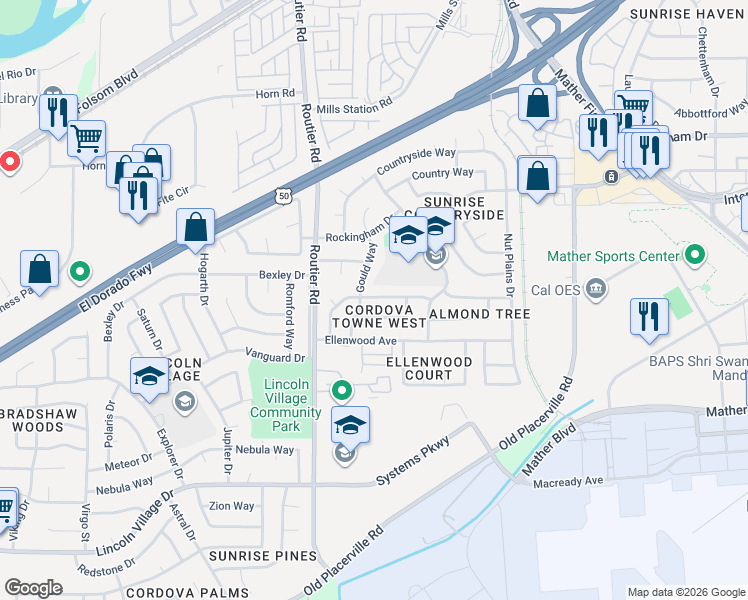 map of restaurants, bars, coffee shops, grocery stores, and more near 10138 De Soto Way in Sacramento