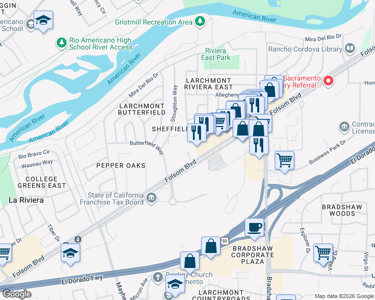 map of restaurants, bars, coffee shops, grocery stores, and more near 9521 Folsom Boulevard in Sacramento