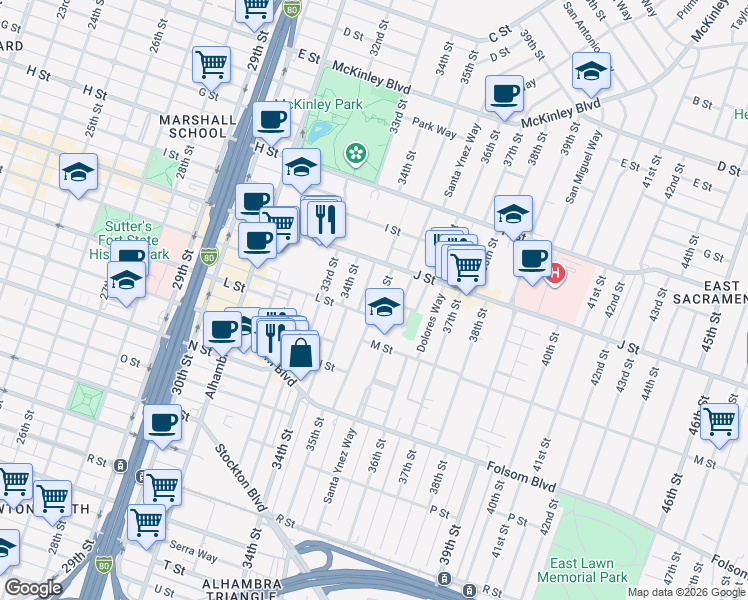 map of restaurants, bars, coffee shops, grocery stores, and more near 3462 L Street in Sacramento