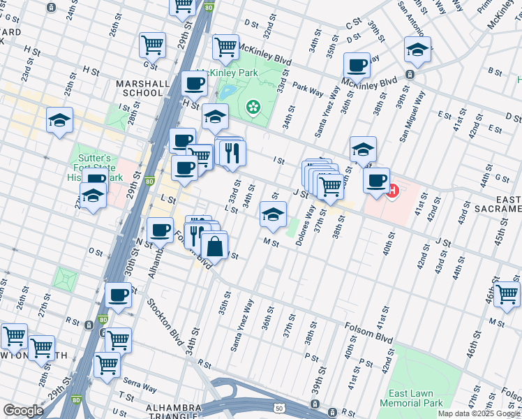 map of restaurants, bars, coffee shops, grocery stores, and more near 3462 L Street in Sacramento