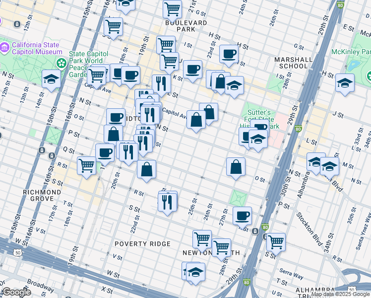 map of restaurants, bars, coffee shops, grocery stores, and more near 1512 24th Street in Sacramento