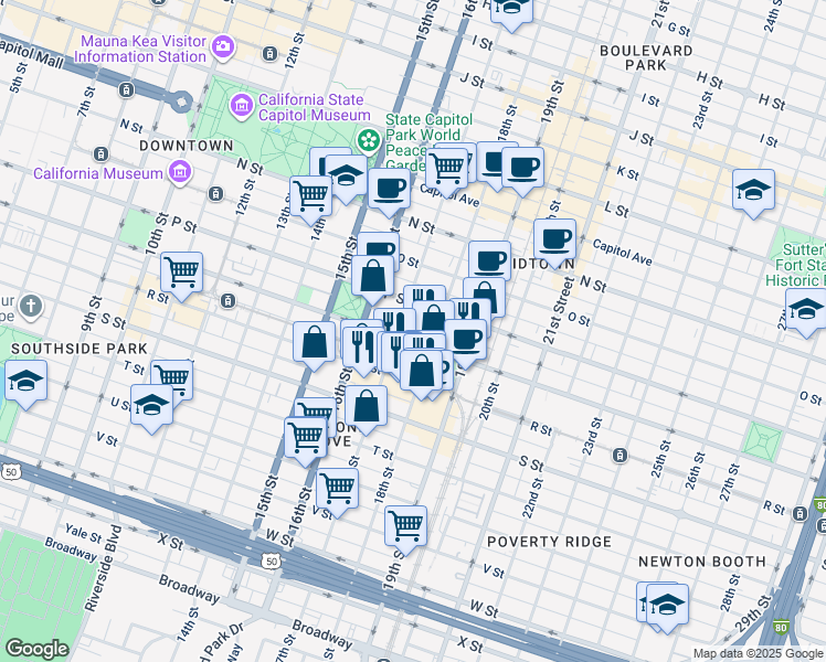 map of restaurants, bars, coffee shops, grocery stores, and more near 1720 Q Street in Sacramento