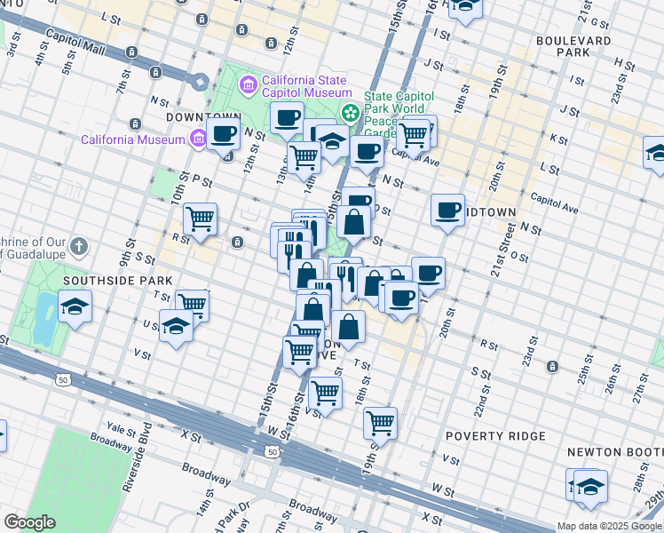 map of restaurants, bars, coffee shops, grocery stores, and more near 1533 R Street in Sacramento