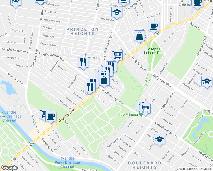 map of restaurants, bars, coffee shops, grocery stores, and more near 4629 Loughborough Avenue in St. Louis