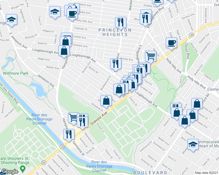 map of restaurants, bars, coffee shops, grocery stores, and more near 4944 Blow Street in St. Louis