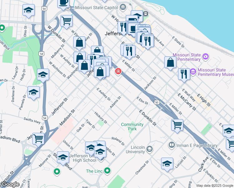 map of restaurants, bars, coffee shops, grocery stores, and more near 711 Adams Street in Jefferson City