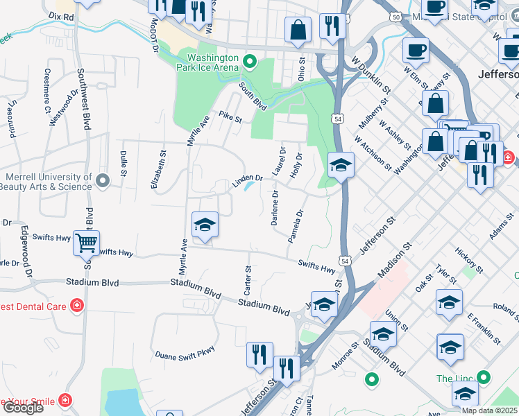 map of restaurants, bars, coffee shops, grocery stores, and more near 1126 Darlene Drive in Jefferson City
